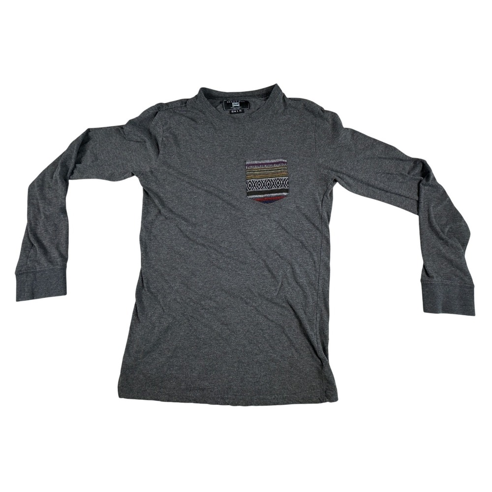 Beautiful Giant Grey Long Sleeve Mock Neck Tee‎ Boho Aztec Pocket Women's M